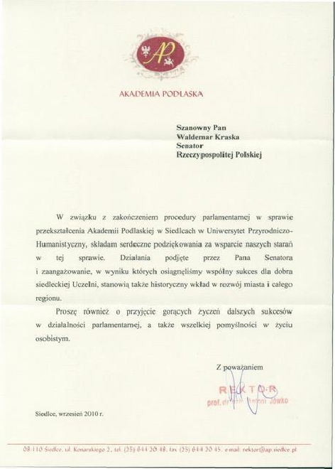 Podziękowanie Rektora Akademii Podlaskiej prof.dr hab.Antoniego Jówko