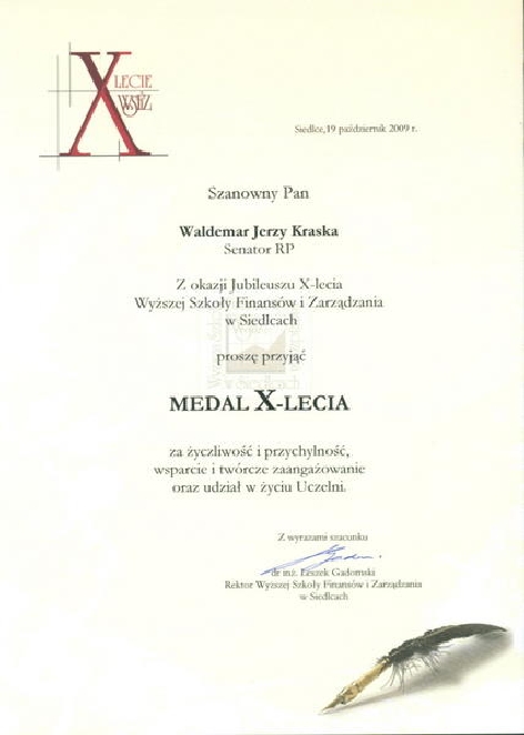 Medal X-lecia WSFiZ w Siedlcach
