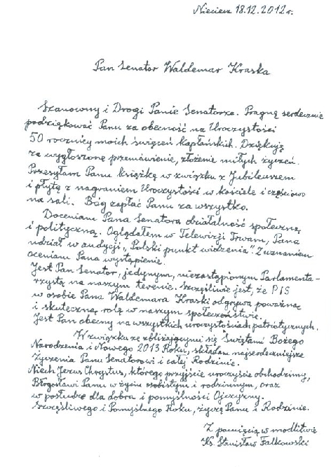List księdza Stanisława Falkowskiego