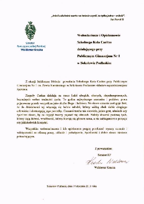 Uroczystość 10-lecia Szkolnego Koła Caritas 